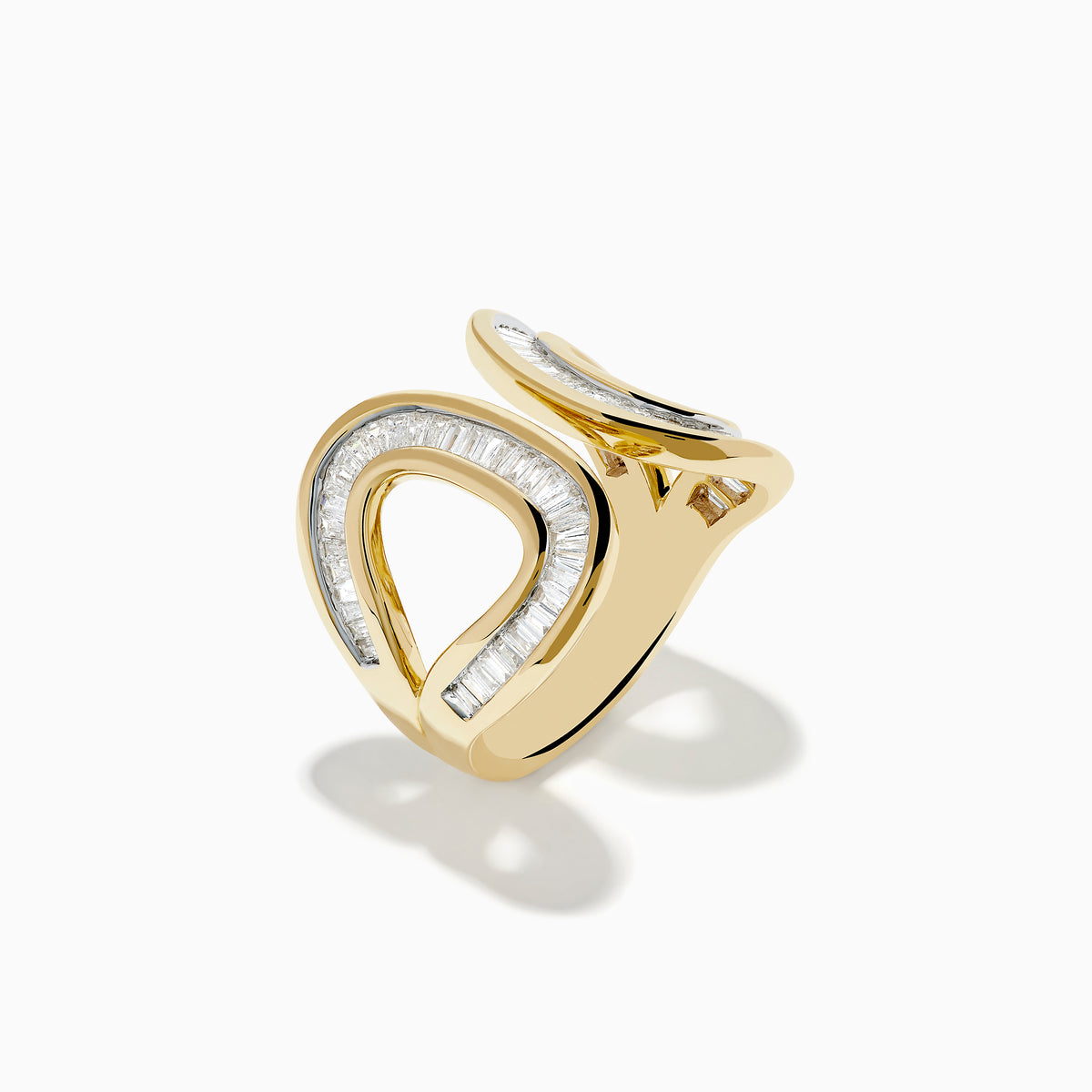 The DOro 14K Yellow Gold Diamond Open Ring features two parallel oval shapes encrusted with diamonds, displayed on a plain white background.