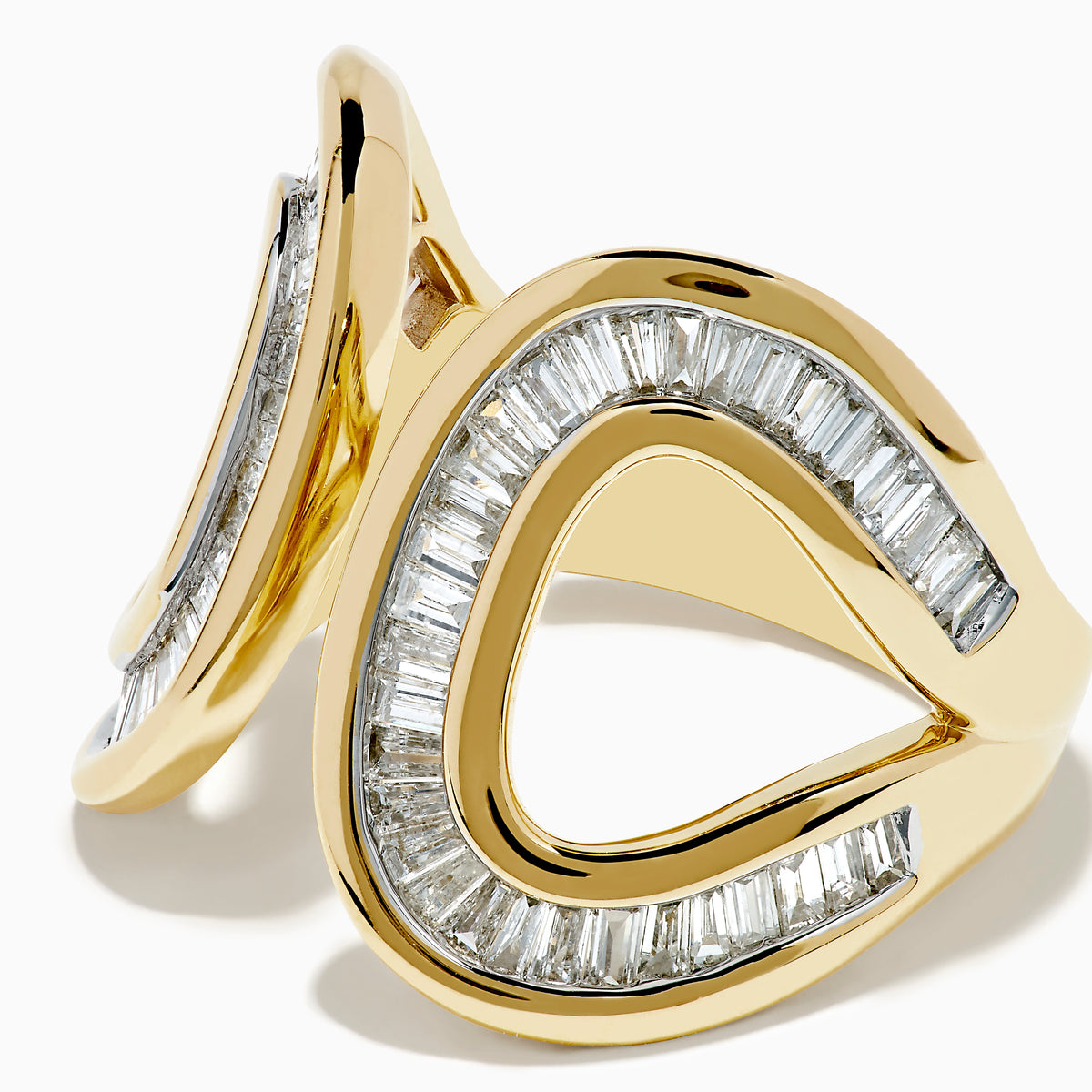 The DOro 14K Yellow Gold Diamond Open Ring features two parallel oval shapes encrusted with diamonds, displayed on a plain white background.
