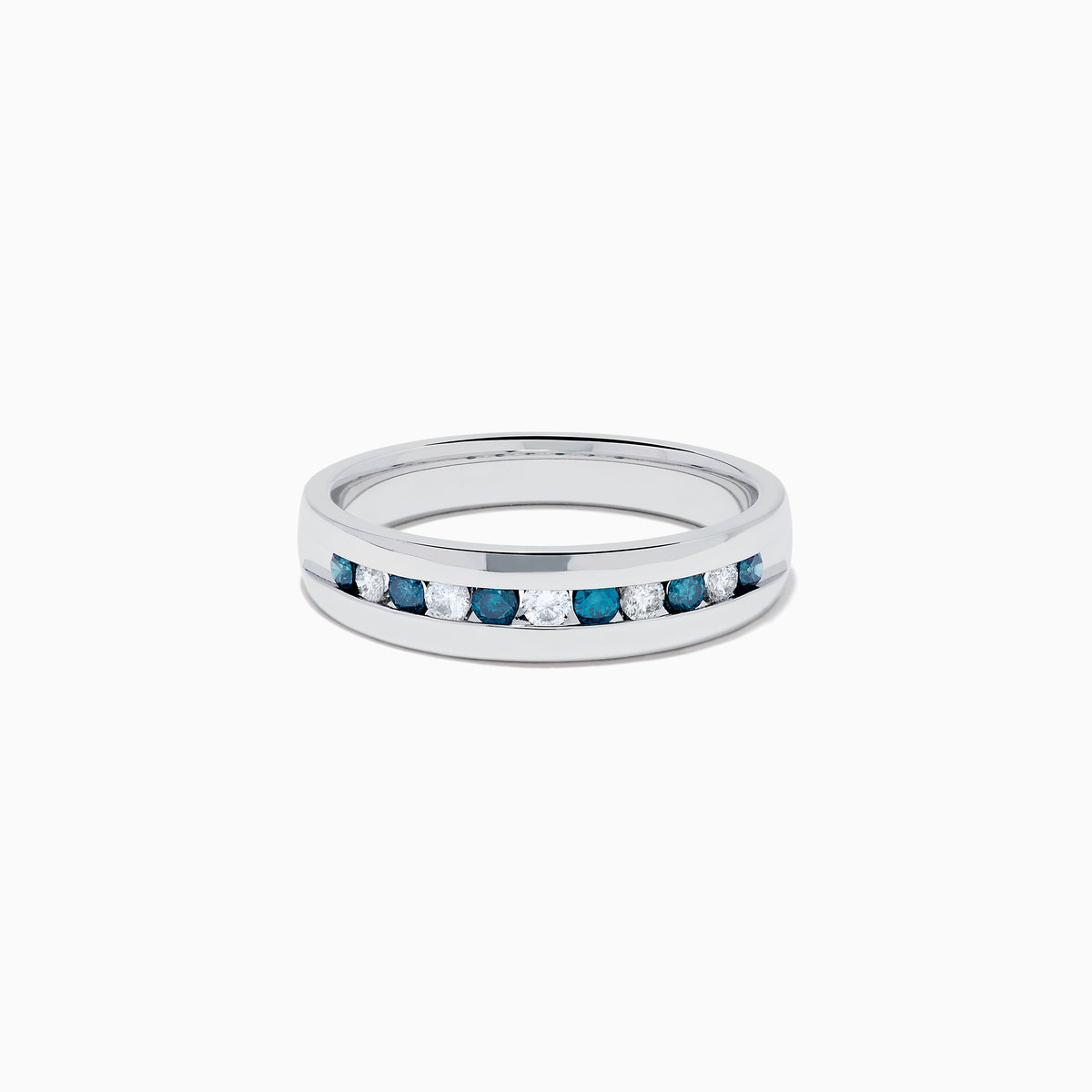 The Mens Bella Bleu 14K White Gold White and Blue Diamond Ring features alternating blue and white diamonds set in a channel across the top, displayed on a plain white background.