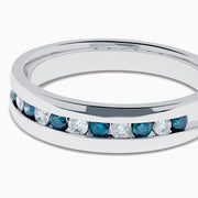 The Mens Bella Bleu 14K White Gold White and Blue Diamond Ring features alternating blue and white diamonds set in a channel across the top, displayed on a plain white background.