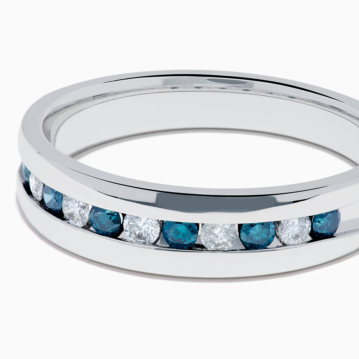 The Mens Bella Bleu 14K White Gold White and Blue Diamond Ring features alternating blue and white diamonds set in a channel across the top, displayed on a plain white background.