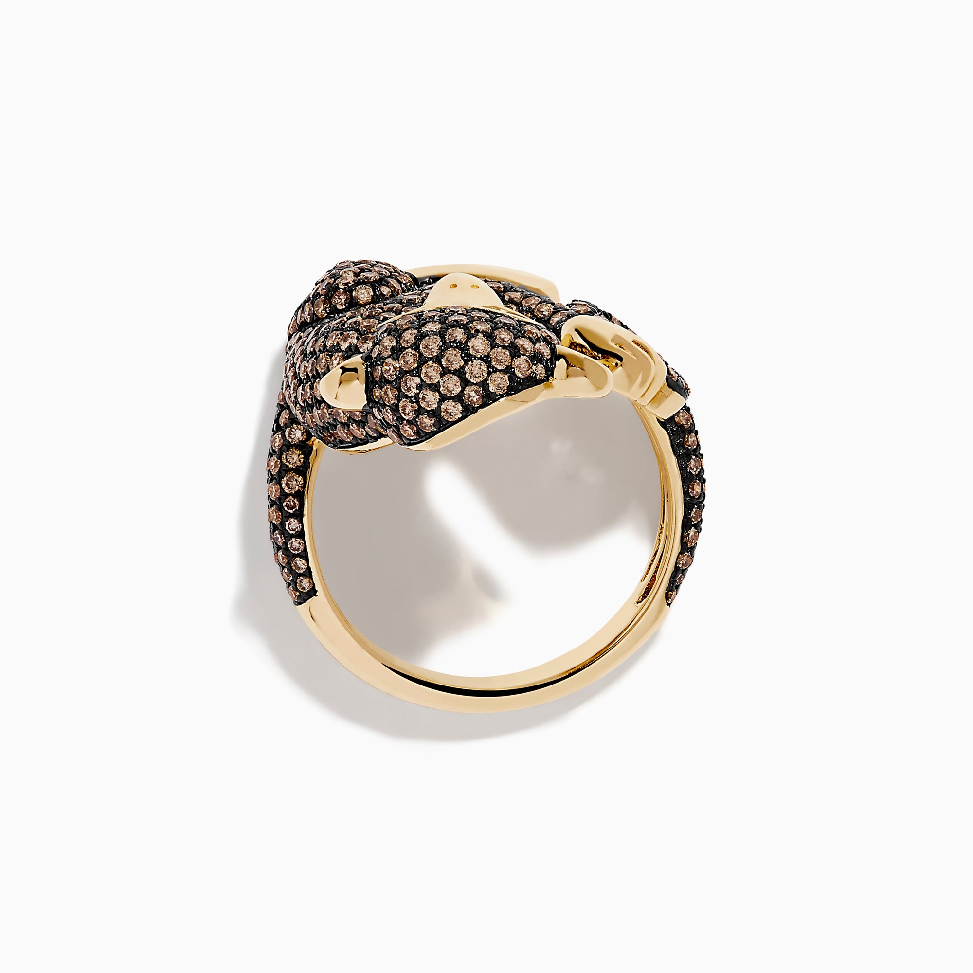 The Espresso 14K Yellow Gold and Black Diamond Monkey Ring features a whimsical monkey with exaggerated eyes and ears, encrusted with brown and black diamonds as it sits clutching its tail—an eye-catching statement piece.