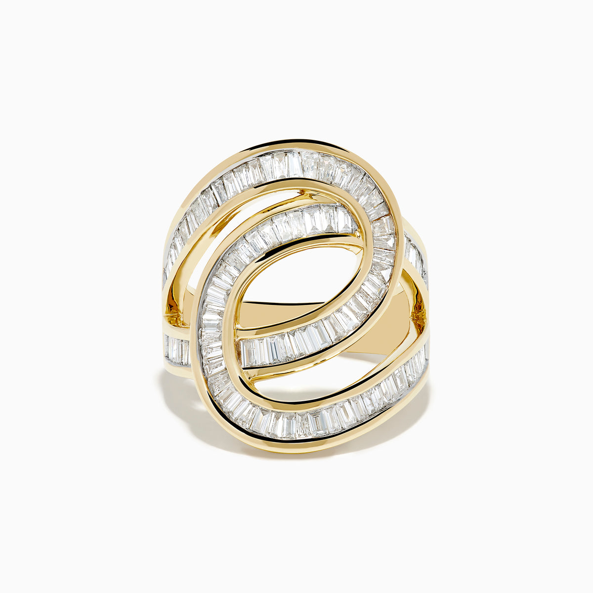 The DOro 14K Yellow Gold Diamond Statement Ring features two intertwined loops set with rectangular-cut clear diamonds, shown against a plain white background.