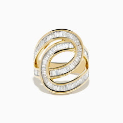 The DOro 14K Yellow Gold Diamond Statement Ring features two intertwined loops set with rectangular-cut clear diamonds, shown against a plain white background.