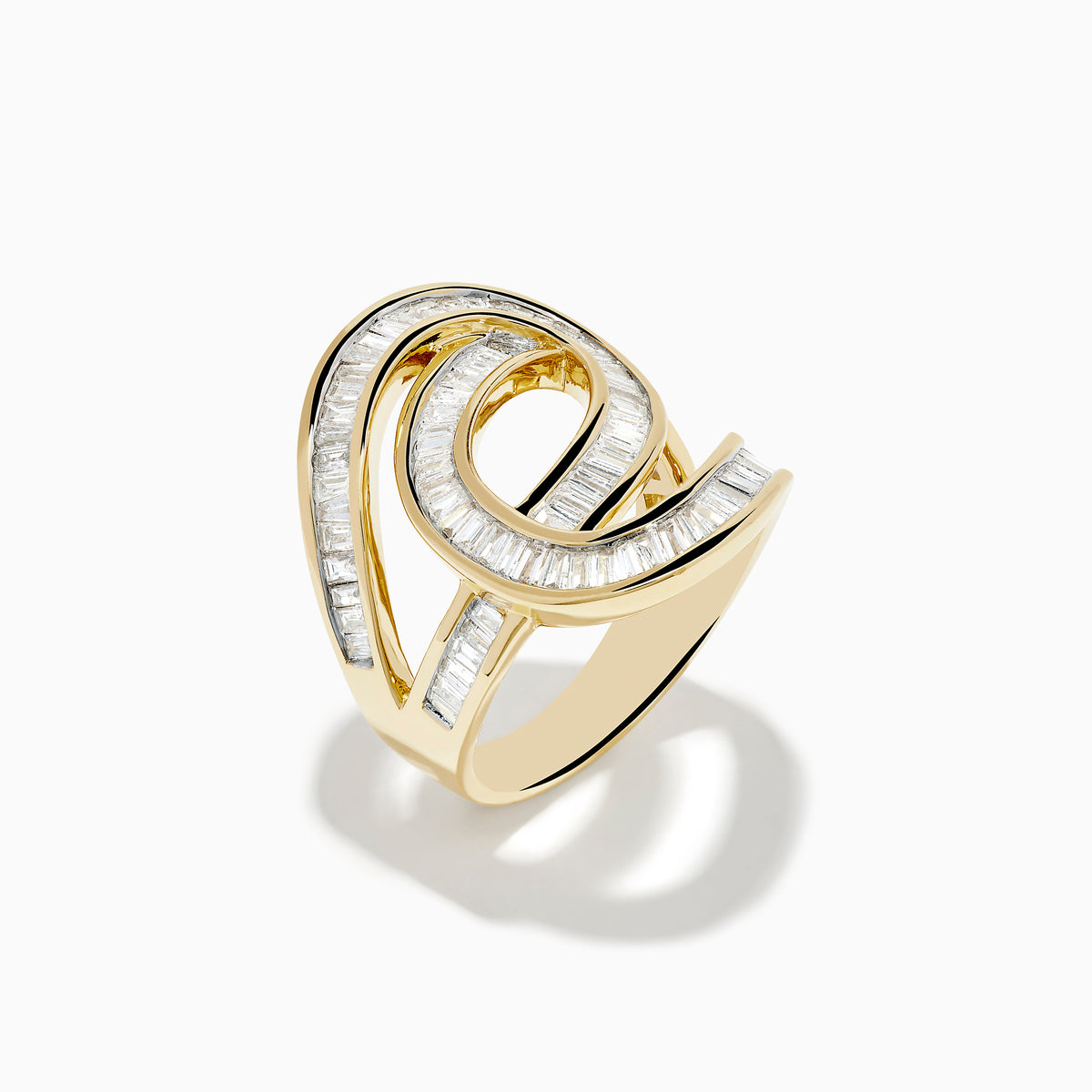 The DOro 14K Yellow Gold Diamond Statement Ring features two intertwined loops set with rectangular-cut clear diamonds, shown against a plain white background.