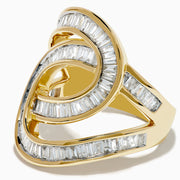 The DOro 14K Yellow Gold Diamond Statement Ring features two intertwined loops set with rectangular-cut clear diamonds, shown against a plain white background.