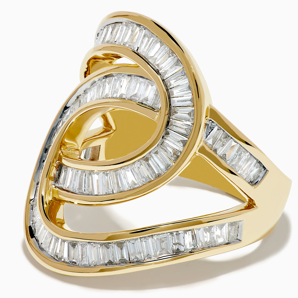 The DOro 14K Yellow Gold Diamond Statement Ring features two intertwined loops set with rectangular-cut clear diamonds, shown against a plain white background.