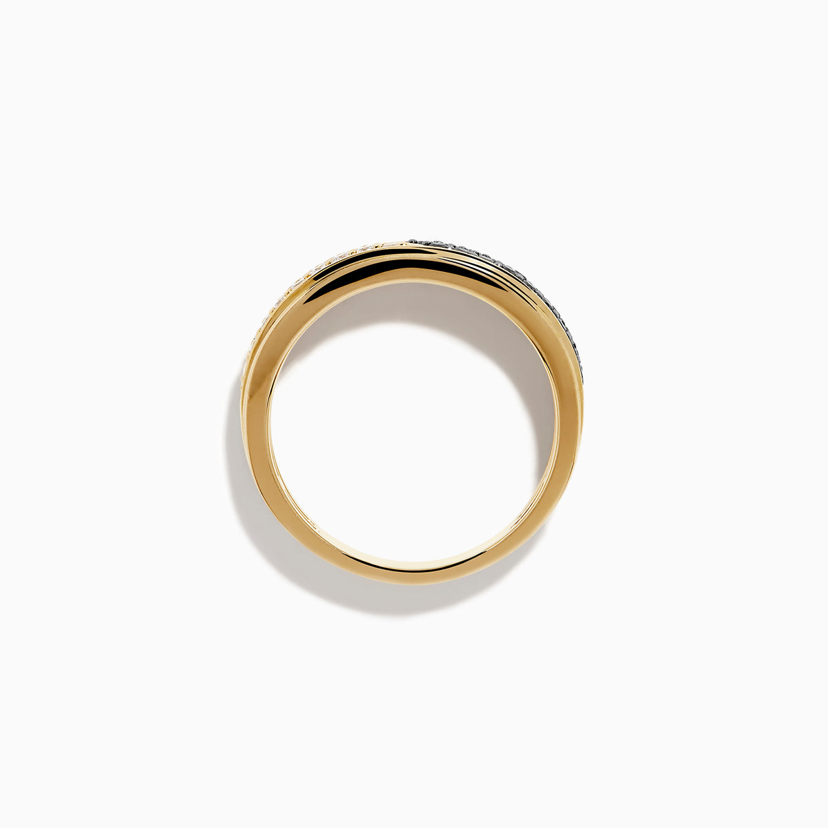 The Men's 14K Yellow Gold White and Black Diamond Ring showcases a row of black diamonds on one half and white diamonds on the other, set against a plain white background.