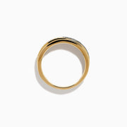 The Men's 14K Yellow Gold White and Black Diamond Ring showcases a row of black diamonds on one half and white diamonds on the other, set against a plain white background.