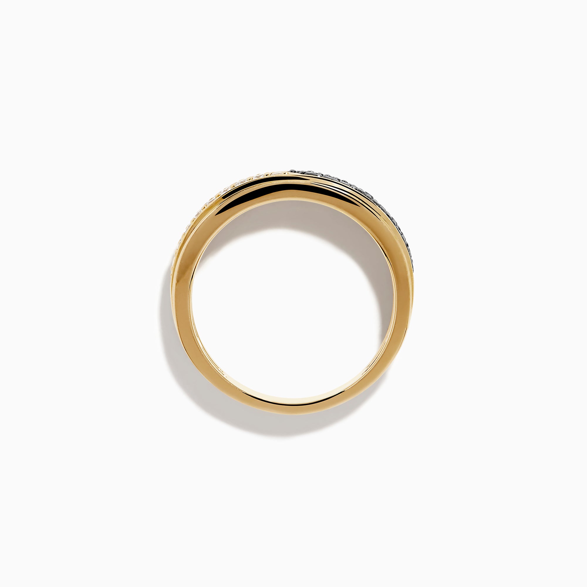 The Men's 14K Yellow Gold White and Black Diamond Ring showcases a row of black diamonds on one half and white diamonds on the other, set against a plain white background.