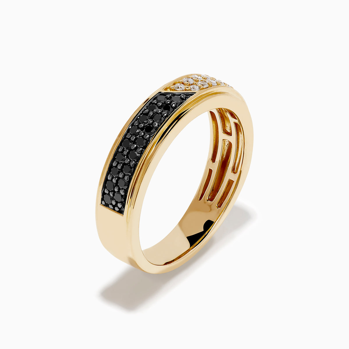 The Men's 14K Yellow Gold White and Black Diamond Ring showcases a row of black diamonds on one half and white diamonds on the other, set against a plain white background.