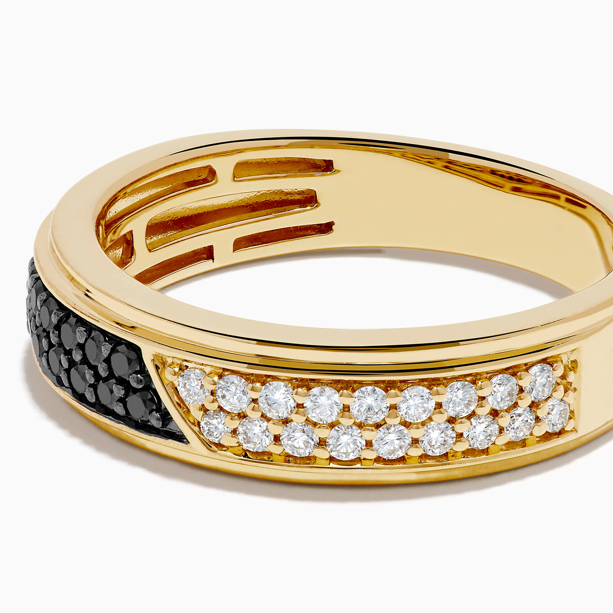 The Men's 14K Yellow Gold White and Black Diamond Ring showcases a row of black diamonds on one half and white diamonds on the other, set against a plain white background.