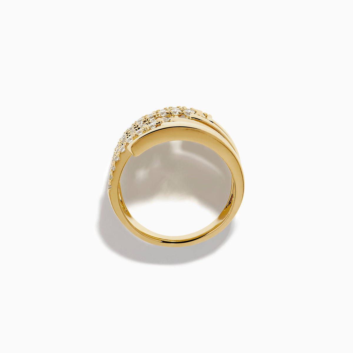 The 14K Yellow Gold Diamond Multi Row Ring features five open, overlapping bands—three set with round diamonds and two in polished gold—for a modern stacked look.