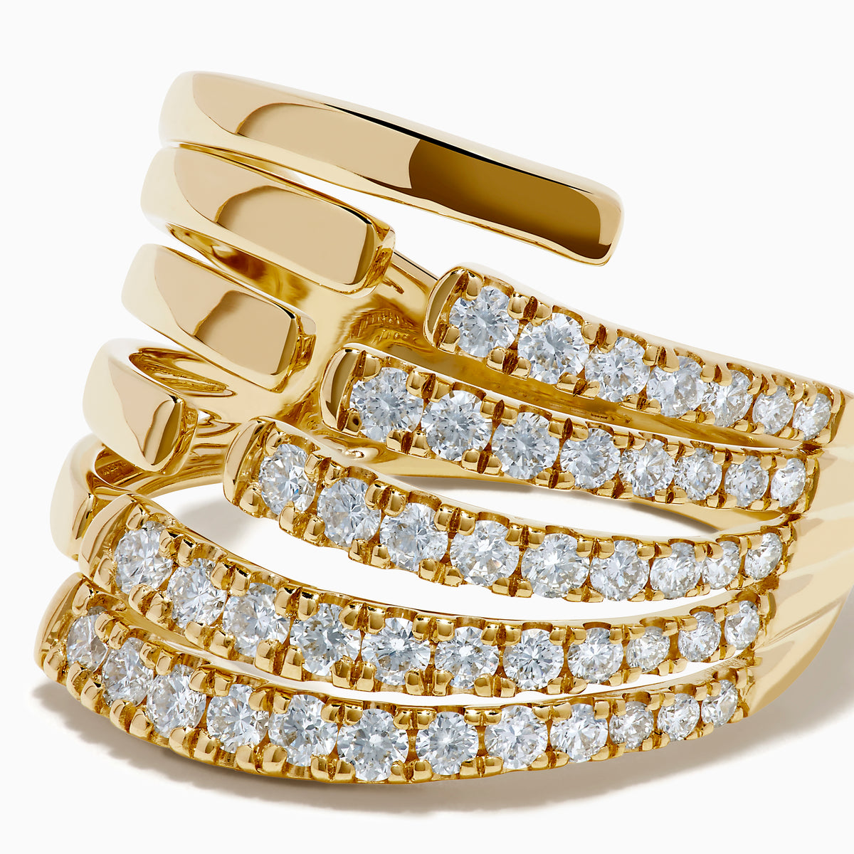 The 14K Yellow Gold Diamond Multi Row Ring features five open, overlapping bands—three set with round diamonds and two in polished gold—for a modern stacked look.