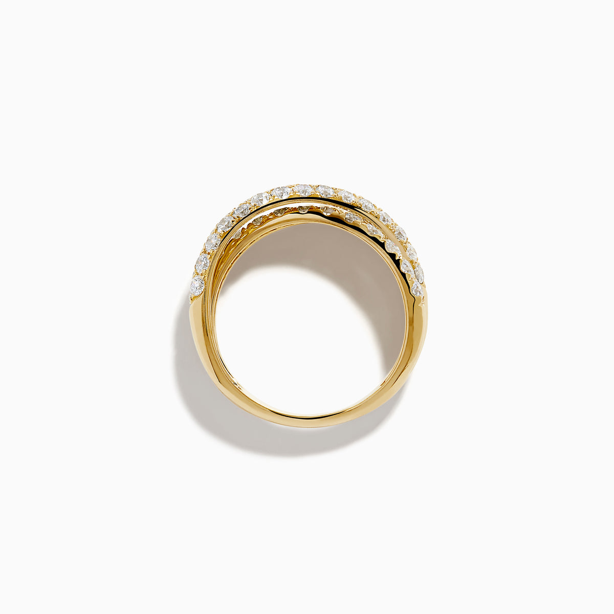 A stack of three 14K Yellow Gold Diamond Pave Crossover Rings, featuring two with diamond pave and wavy crossover design, and one with a grooved, ridged texture, displayed against a white background.