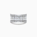 The 14K White Gold Baguette and Round Diamond Statement Ring features multiple rows of sparkling diamonds in a symmetrical, luxurious design, displayed elegantly against a white background.