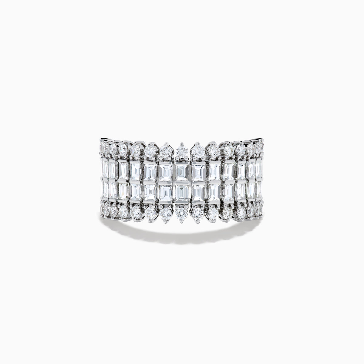 The 14K White Gold Baguette and Round Diamond Statement Ring features multiple rows of sparkling diamonds in a symmetrical, luxurious design, displayed elegantly against a white background.