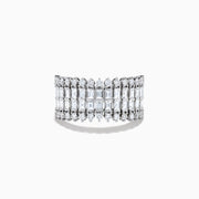 The 14K White Gold Baguette and Round Diamond Statement Ring features multiple rows of sparkling diamonds in a symmetrical, luxurious design, displayed elegantly against a white background.