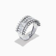 The 14K White Gold Baguette and Round Diamond Statement Ring features multiple rows of sparkling diamonds in a symmetrical, luxurious design, displayed elegantly against a white background.
