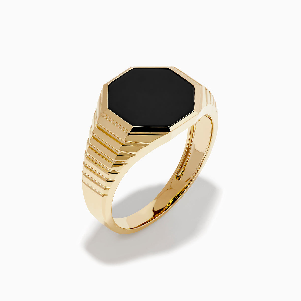 The Men's 14K Yellow Gold Onyx Octagon Ring features a black octagonal onyx face set in yellow gold, shown against a plain white background.
