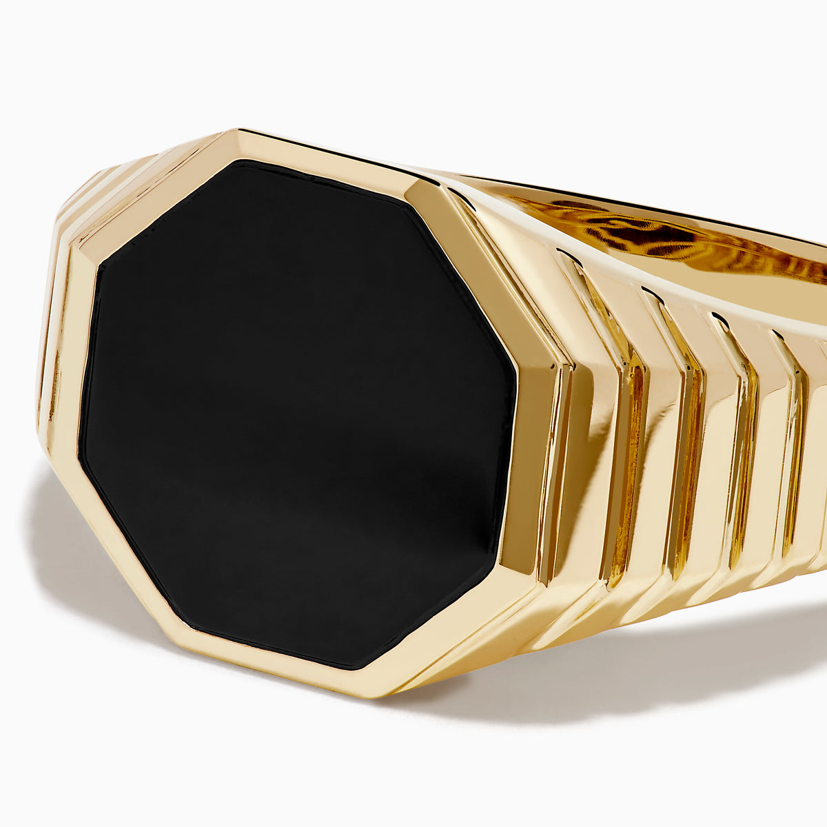 The Men's 14K Yellow Gold Onyx Octagon Ring features a black octagonal onyx face set in yellow gold, shown against a plain white background.