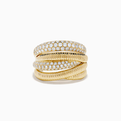 The 14K Yellow Gold Diamond Fluted Crossover Ring features three overlapping bands: two adorned with diamonds and one with a ribbed fluted texture, creating a stunning stacked crossover design.