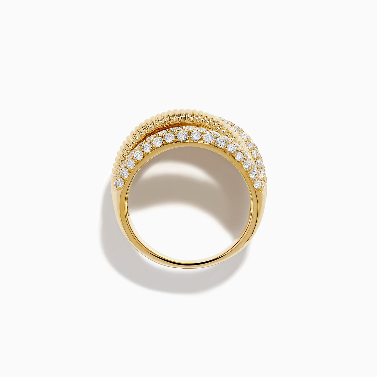 The 14K Yellow Gold Diamond Fluted Crossover Ring features three overlapping bands: two adorned with diamonds and one with a ribbed fluted texture, creating a stunning stacked crossover design.
