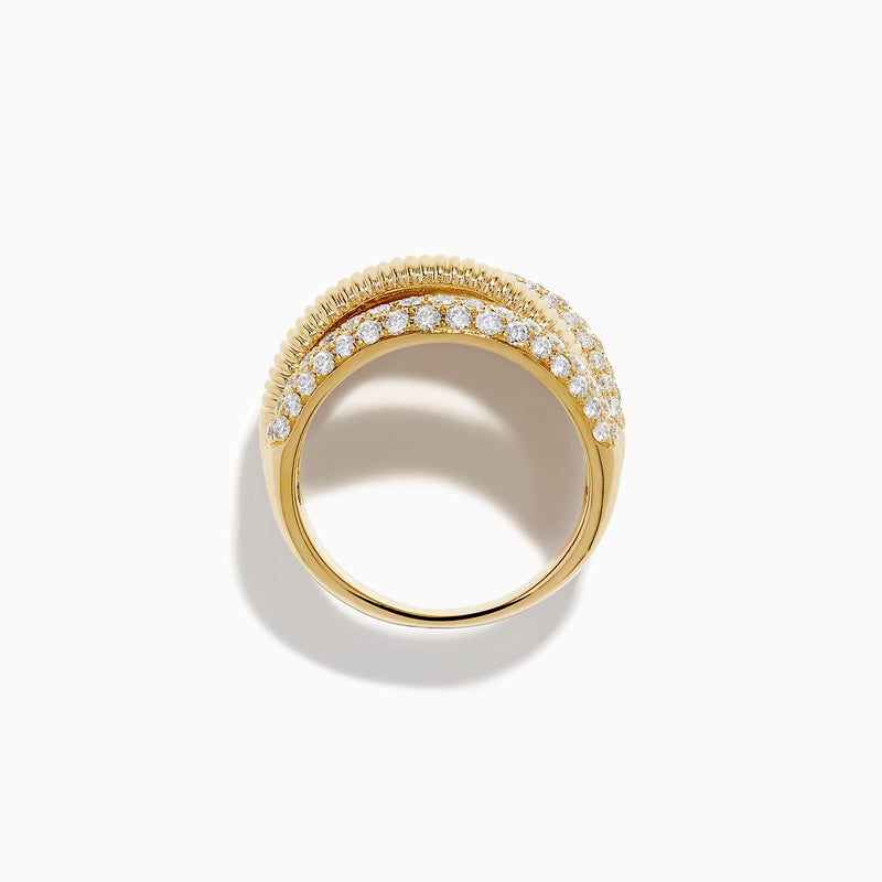 The 14K Yellow Gold Diamond Fluted Crossover Ring features three overlapping bands: two adorned with diamonds and one with a ribbed fluted texture, creating a stunning stacked crossover design.