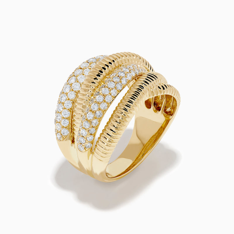 The 14K Yellow Gold Diamond Fluted Crossover Ring features three overlapping bands: two adorned with diamonds and one with a ribbed fluted texture, creating a stunning stacked crossover design.