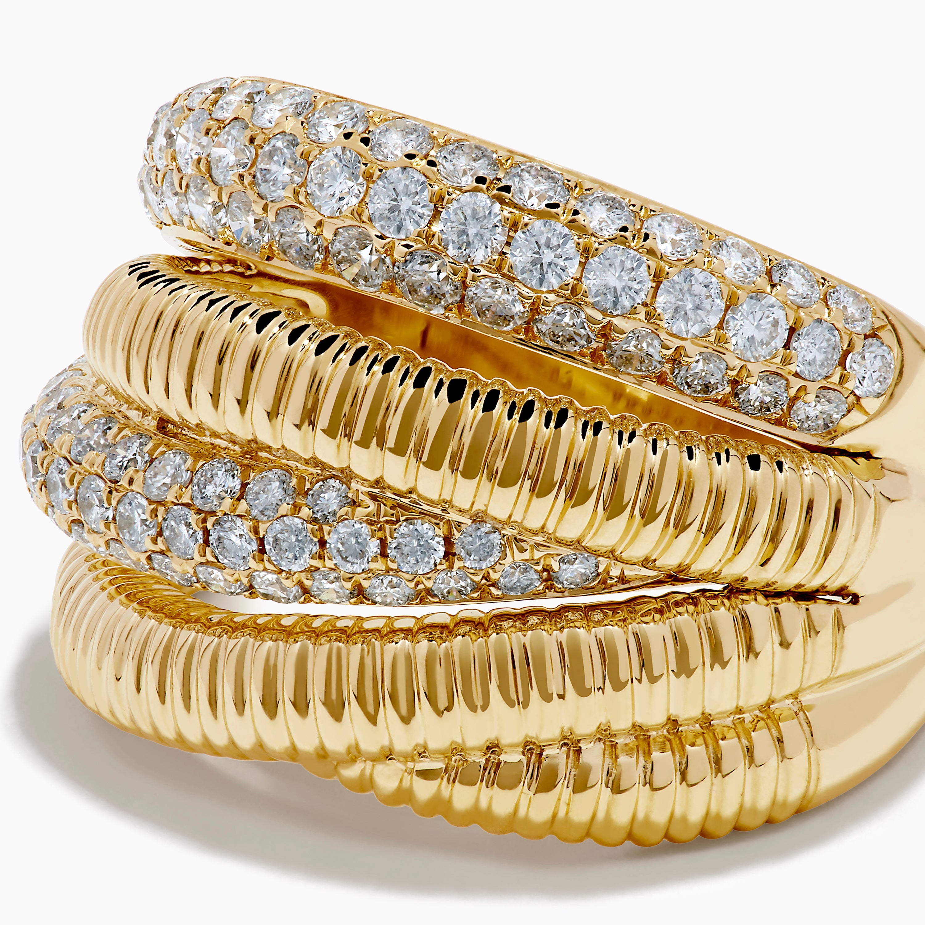 The 14K Yellow Gold Diamond Fluted Crossover Ring features three overlapping bands: two adorned with diamonds and one with a ribbed fluted texture, creating a stunning stacked crossover design.