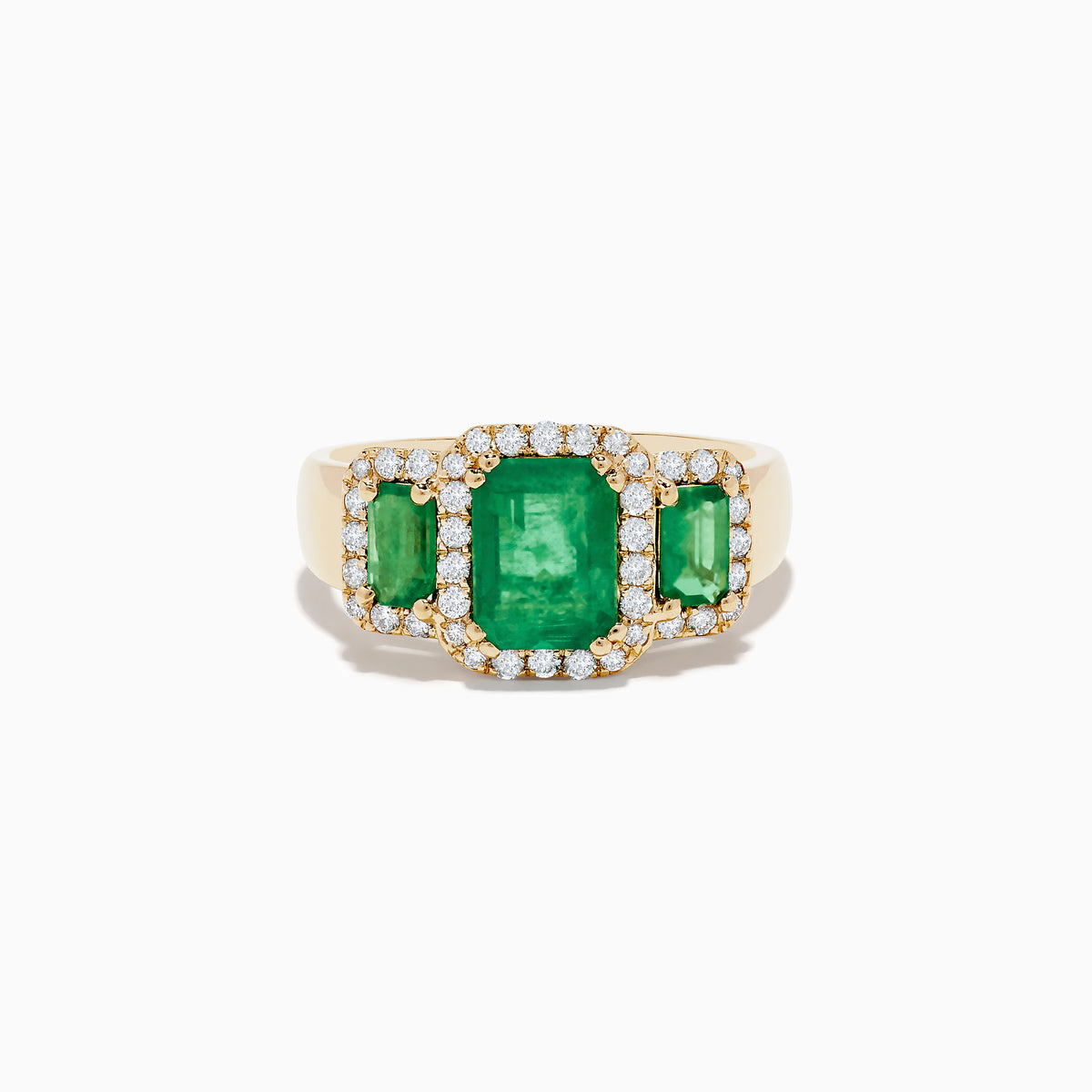 The Brasilica 14K Yellow Gold Emerald and Diamond Ring showcases a striking rectangular green emerald center, two smaller side emeralds, and a sparkling border of white diamonds.