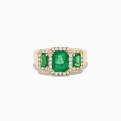 The Brasilica 14K Yellow Gold Emerald and Diamond Ring showcases a striking rectangular green emerald center, two smaller side emeralds, and a sparkling border of white diamonds.