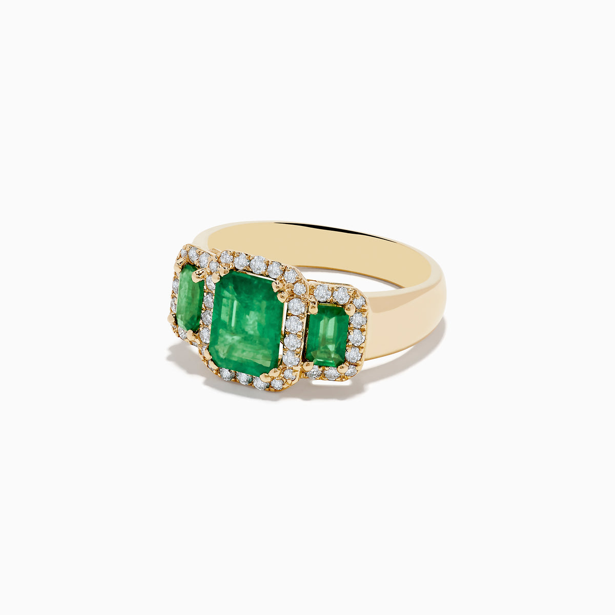 The Brasilica 14K Yellow Gold Emerald and Diamond Ring showcases a striking rectangular green emerald center, two smaller side emeralds, and a sparkling border of white diamonds.