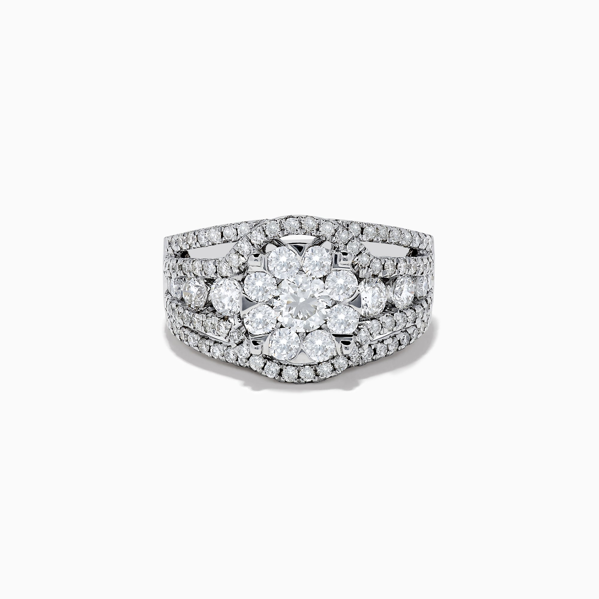 The Bouquet 14K White Gold Diamond Cluster Ring 1.98 TCW features a striking round diamond cluster at the center, accented by additional diamonds on a split shank band for dazzling brilliance.