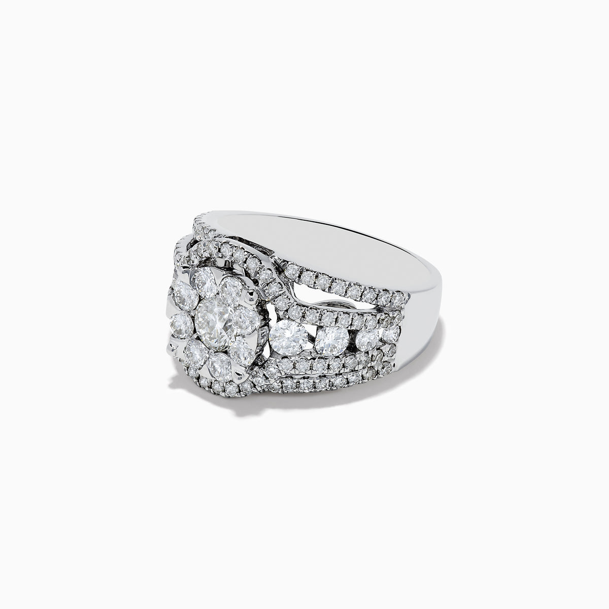 The Bouquet 14K White Gold Diamond Cluster Ring 1.98 TCW features a striking round diamond cluster at the center, accented by additional diamonds on a split shank band for dazzling brilliance.