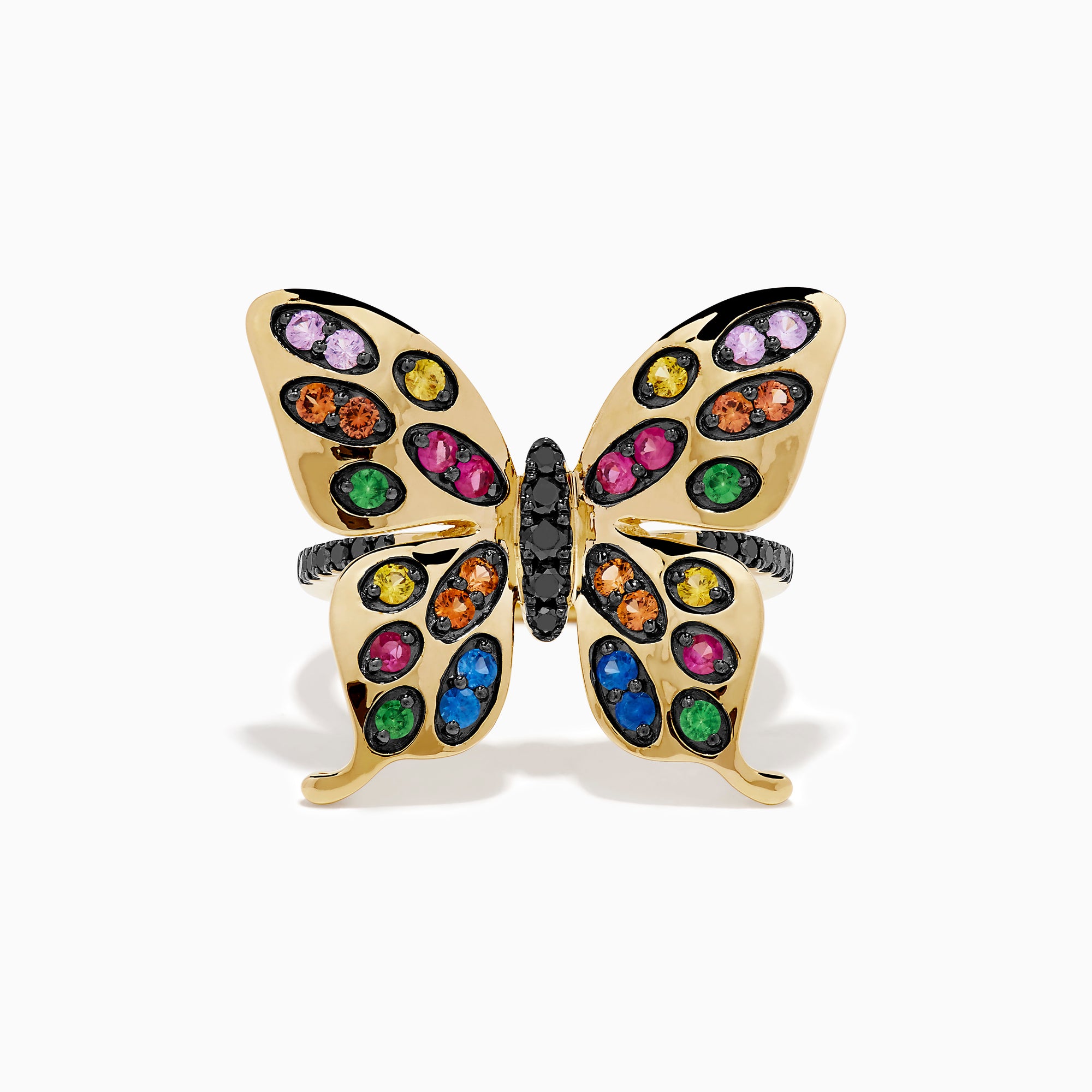 The Watercolors 14K Yellow Gold Multi Sapphire and Black Diamond Butterfly Ring features vibrant sapphires in pink, orange, green, blue, and purple—an eye-catching accessory for any occasion.