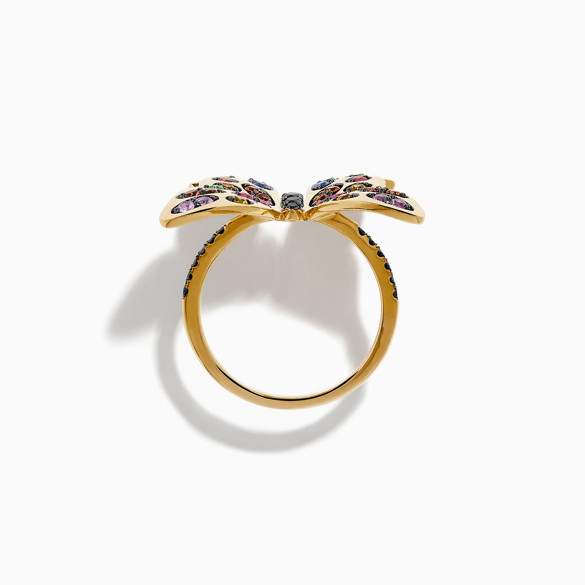 The Watercolors 14K Yellow Gold Multi Sapphire and Black Diamond Butterfly Ring features vibrant sapphires in pink, orange, green, blue, and purple—an eye-catching accessory for any occasion.