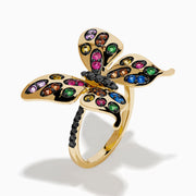 The Watercolors 14K Yellow Gold Multi Sapphire and Black Diamond Butterfly Ring features vibrant sapphires in pink, orange, green, blue, and purple—an eye-catching accessory for any occasion.