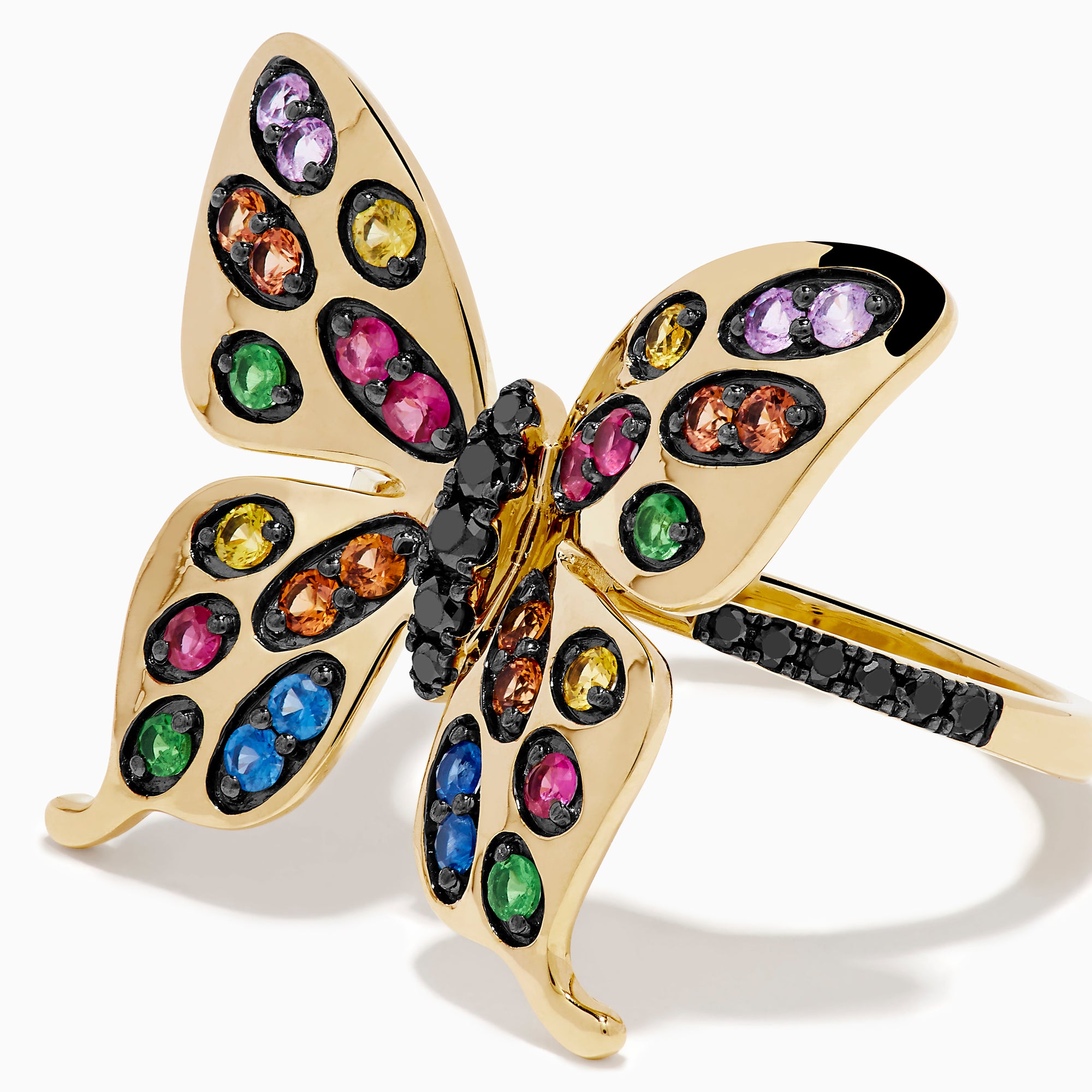The Watercolors 14K Yellow Gold Multi Sapphire and Black Diamond Butterfly Ring features vibrant sapphires in pink, orange, green, blue, and purple—an eye-catching accessory for any occasion.