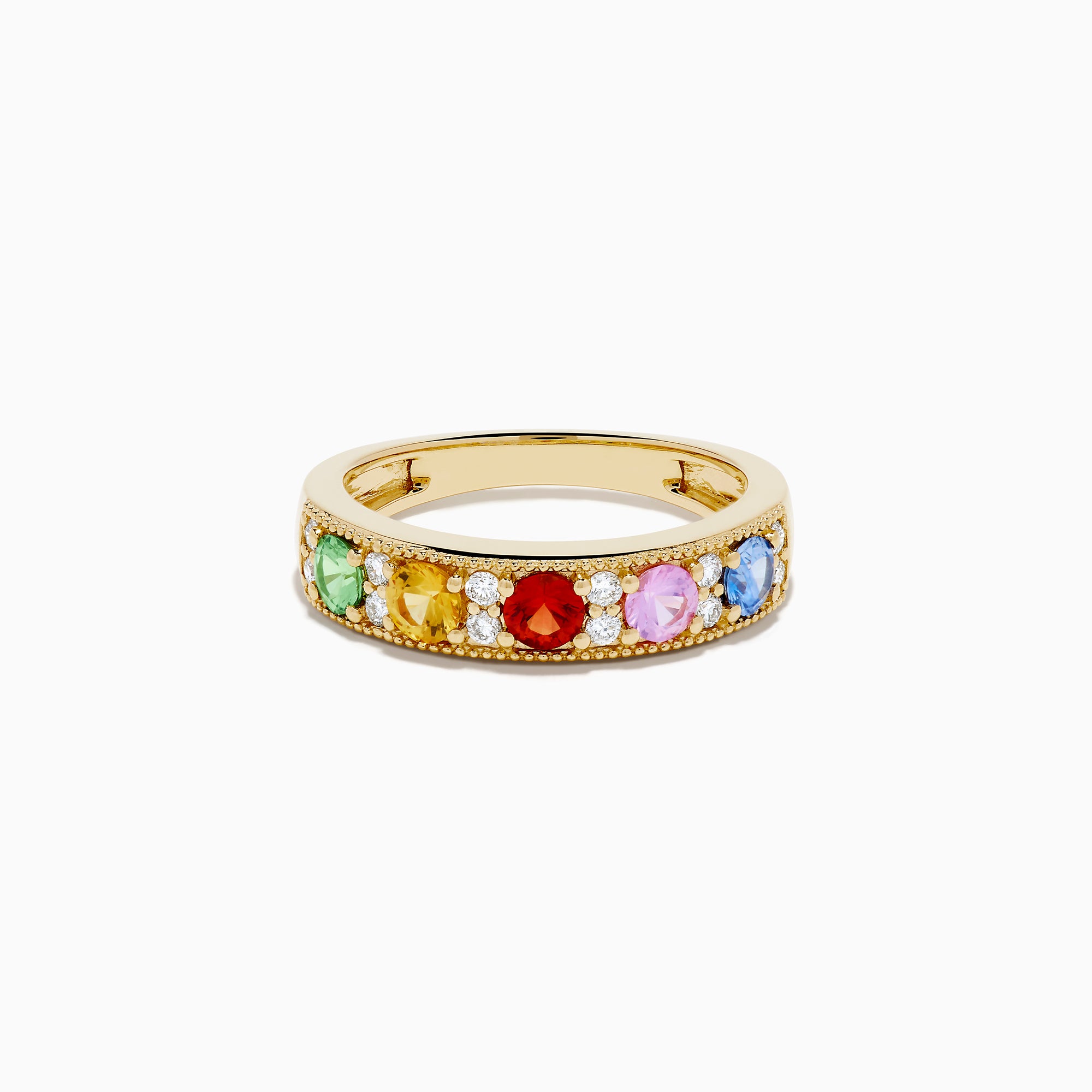The Watercolors 14K Yellow Gold Multi Sapphire and Diamond Band features green, yellow, red, pink, and blue sapphires with sparkling white diamonds along the band, shown against a white background.