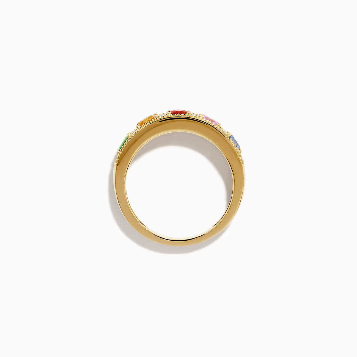 The Watercolors 14K Yellow Gold Multi Sapphire and Diamond Band features green, yellow, red, pink, and blue sapphires with sparkling white diamonds along the band, shown against a white background.