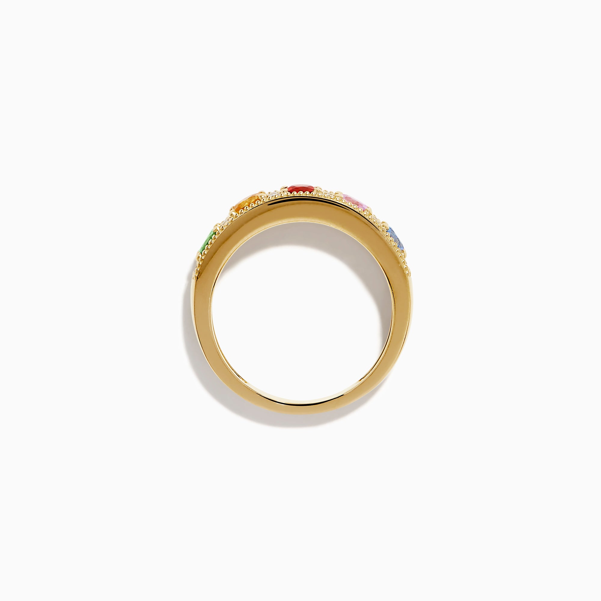 The Watercolors 14K Yellow Gold Multi Sapphire and Diamond Band features green, yellow, red, pink, and blue sapphires with sparkling white diamonds along the band, shown against a white background.