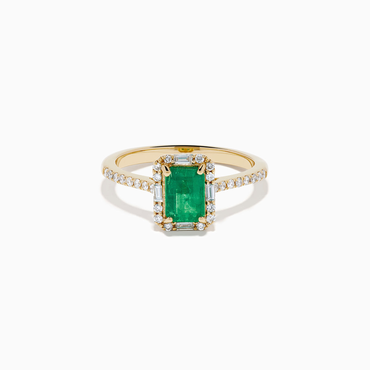 The 14K Yellow Gold Emerald and Diamond Ring showcases a rectangular emerald center stone, accented by white diamonds around the gemstone and along the band.