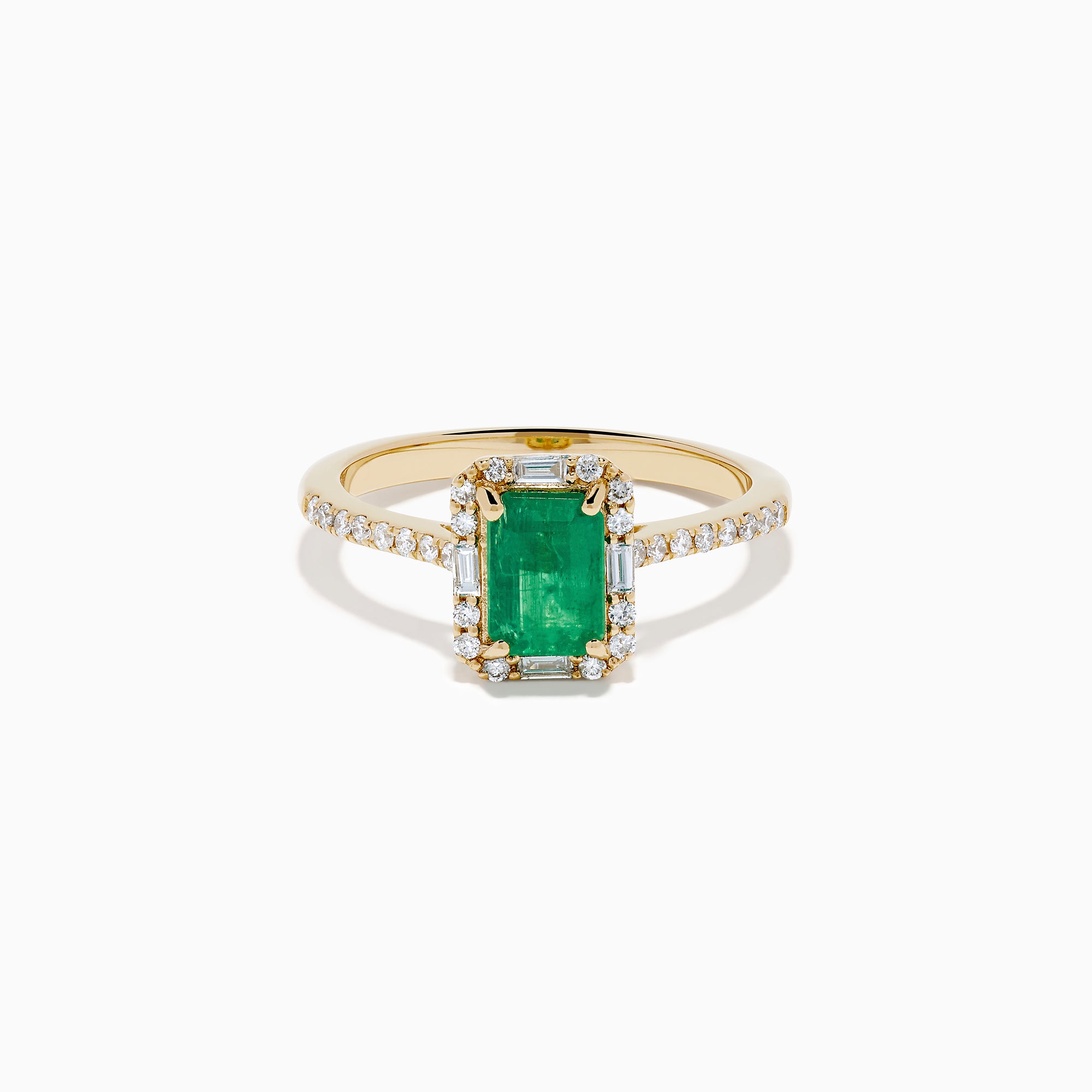 The 14K Yellow Gold Emerald and Diamond Ring showcases a rectangular emerald center stone, accented by white diamonds around the gemstone and along the band.