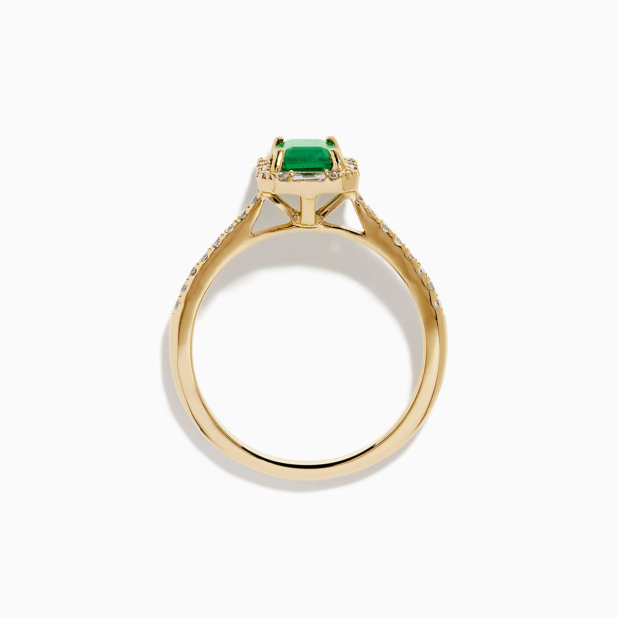 The 14K Yellow Gold Emerald and Diamond Ring showcases a rectangular emerald center stone, accented by white diamonds around the gemstone and along the band.