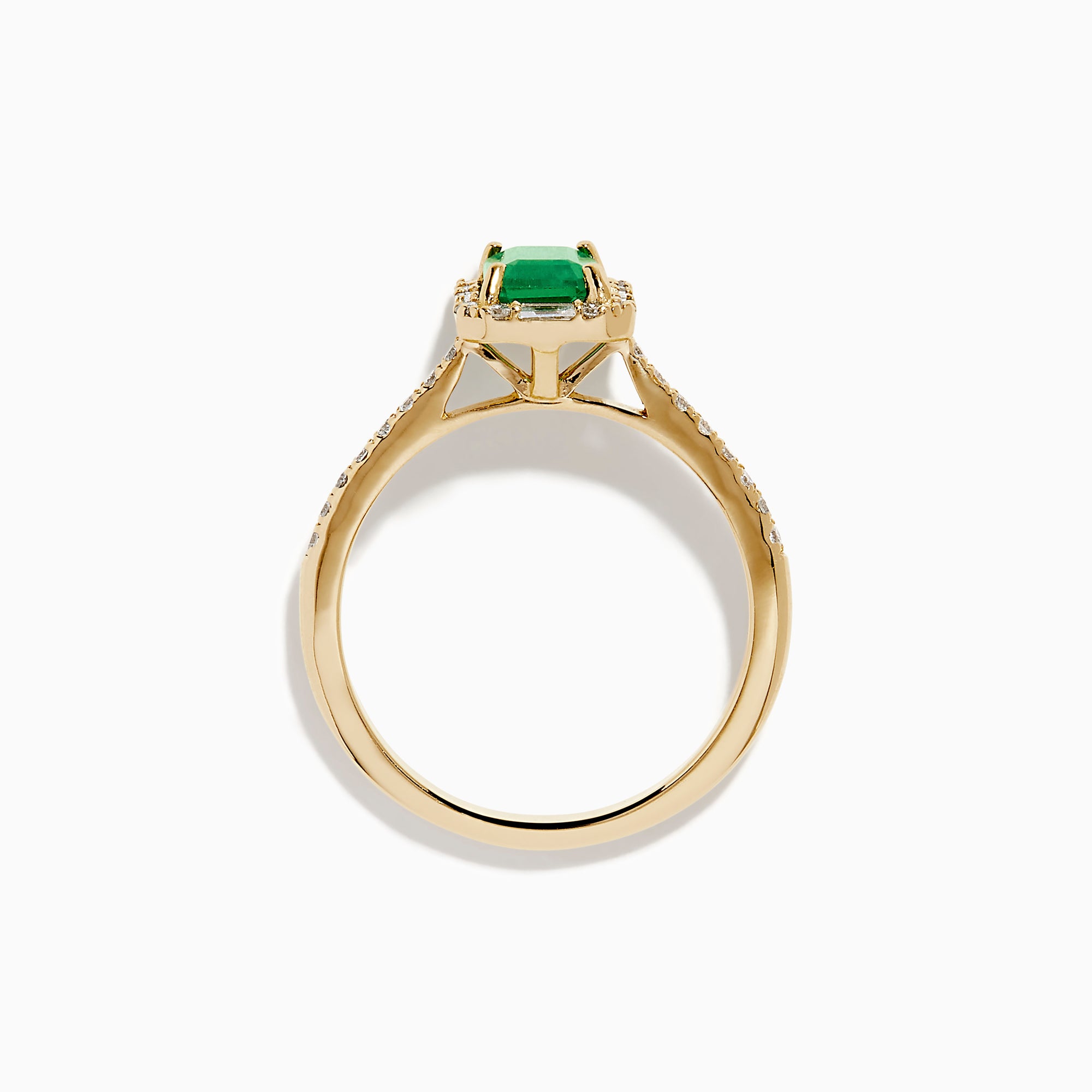 The 14K Yellow Gold Emerald and Diamond Ring showcases a rectangular emerald center stone, accented by white diamonds around the gemstone and along the band.