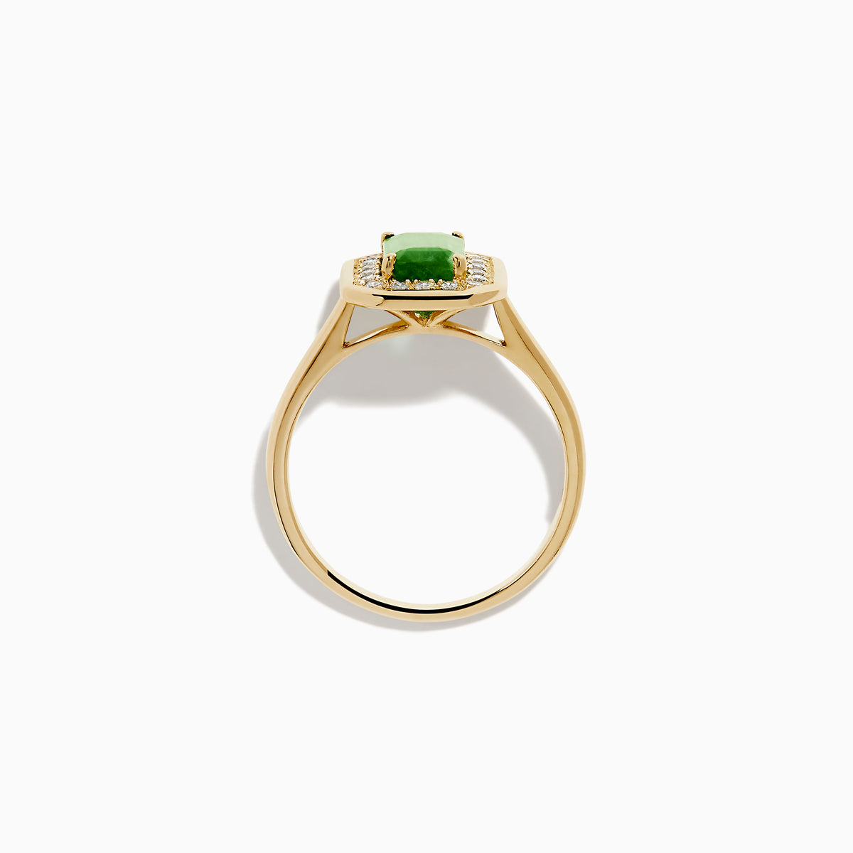 The Brasilica 14K Yellow Gold Emerald and Diamond Ring showcases a rectangular green emerald center, surrounded by a halo of sparkling round white diamonds, all set in yellow gold and displayed on a white background.