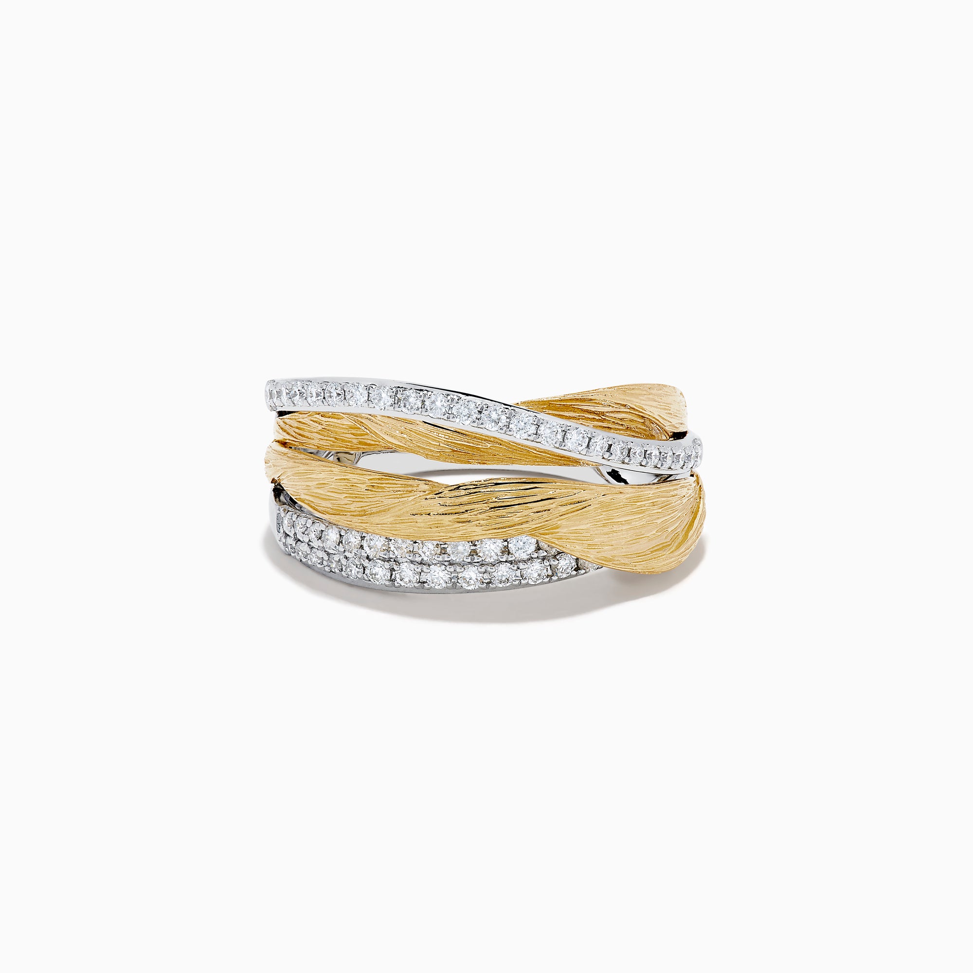 The 14K Two Tone Gold Diamond Textured Crossover Ring showcases three intertwined bands—two textured gold and two diamond-set silver—displayed on a white background.