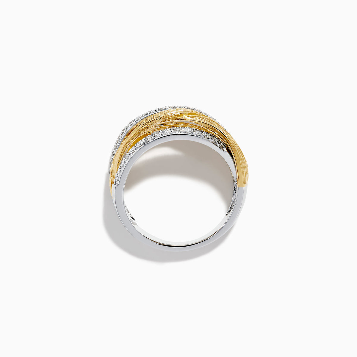 The 14K Two Tone Gold Diamond Textured Crossover Ring showcases three intertwined bands—two textured gold and two diamond-set silver—displayed on a white background.