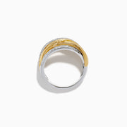The 14K Two Tone Gold Diamond Textured Crossover Ring showcases three intertwined bands—two textured gold and two diamond-set silver—displayed on a white background.